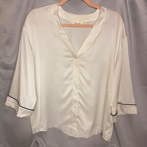 Lilysilk 100% Mulberry Silk V-Neck Blouse White Contrast Piping XS